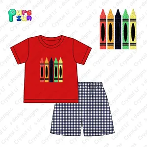 Newest Sleeveless Casual Girl Clothing Designs Big Sister French Knot Crayon Print Back To School Children's Sets