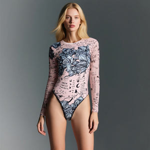 Gran oferta, Mono para mujer, Roupas Femininas, cuello redondo, manga larga, malla, estampado, mono ajustado, especias, Tops finos, Mono - Product Image 2