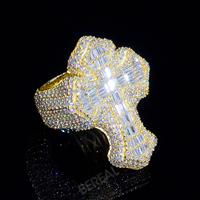 Bague personnalisée en forme de croix en diamant de laboratoire Style Hip Hop Iced Out Baguette Cut Vvs Lab Created Diamond 925 Silver Men Ring Jewelry