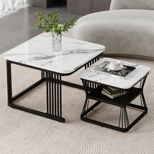 Ensemble de tables basses SENYU modernes avec plateau en marbre et structure métallique, design emboîtable pour le mobilier de salon - Product Image 2
