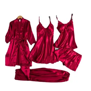 热销五件套女式性感人造丝加厚吊带睡裙女士睡袍家居服缎面蕾丝睡衣套装