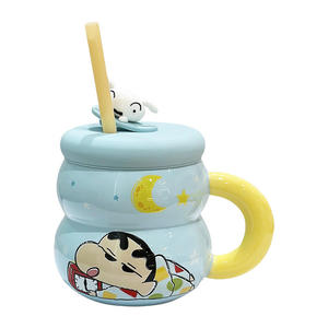 Mug en céramique Crayon Shin Chan avec couvercle et paille, design bleu dessin animé, pour café ou eau, tasse individuelle, cadeau - Product Image 1