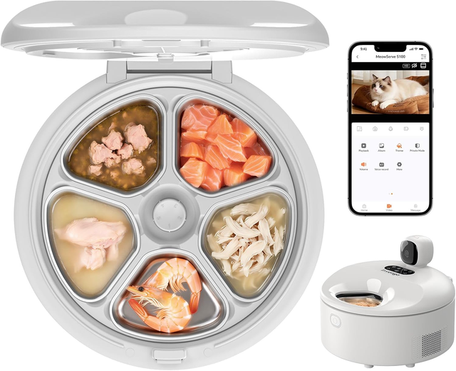 Smart App-Controlled Portable Charge Cat Wet Food Feeder Multi-Pet Recognition 3MP Camera Cooling Heating System 5 Meals Pet