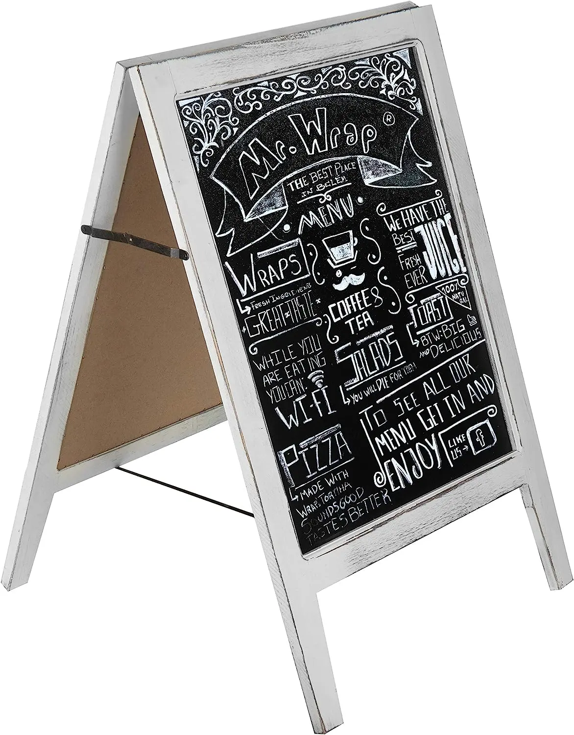 JUNJI MyGift Panneau de tableau noir de trottoir double face en bois blanc vintage Tableau noir en bois rustique