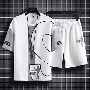 Ensemble décontracté d'été style coréen pour garçons : T-shirt ample à manches courtes et pantalon cinq-quarts simple – Ensemble deux pièces pour homme - Product Image 1