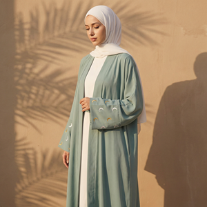 Abaya Verde Salvia con Frente Abierto para Mujeres Musulmanas, Puños en Forma de Media Luna, Marca Privada - Product Image 1
