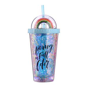 Double Walled Plastic Straw Cup Colorful Gold Thread Rainbow Design Portable Water Bottle For Students Back To School - Product Image 5