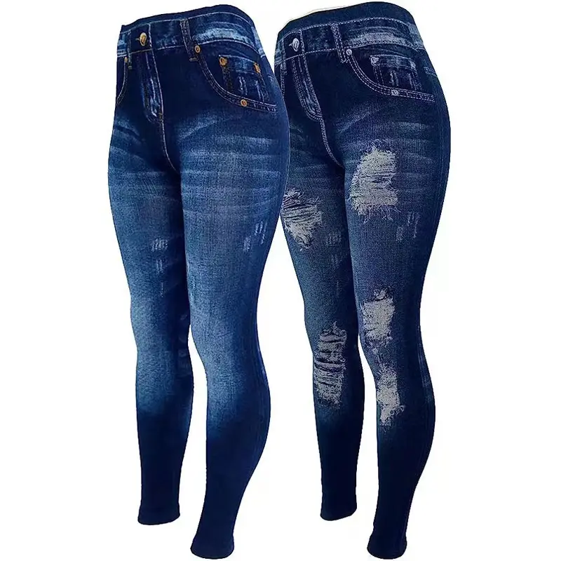 Leggings femininas leggings de cintura alta sem costura, estampa floral de jeans sem costura, estampa de jeans sem costura, estilo casual