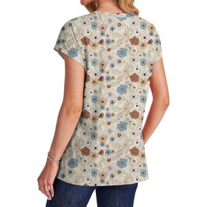 Women's V Neck Cap Sleeve T-Shirt Floral Print Cotton Breathable Pocket Front Casual <b>Top</b> - Product Image 5