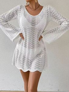 Robe unie ajourée à col rond, polyvalente, à manches longues, pour la <span class=keywords><strong>plage</strong></span>, pour le printemps et l'été, vêtements pour femmes - Product Image 5