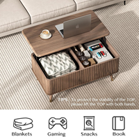 Table basse relevable avec étagère de rangement et compartiment caché, table à manger rectangulaire cannelée de style moderne du milieu du siècle pour le salon