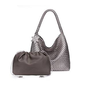Ensemble <span class=keywords><strong>sac</strong></span> à bandoulière besace en <span class=keywords><strong>cuir</strong></span> PU métallique tissé scintillant de grande capacité fermeture magnétique pochette à cordon détachable - Product Image 1