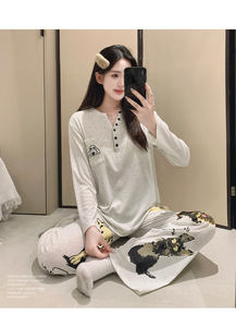 1202 #   Pijamas Blancos y Grises para Mujer - Temporada de Primavera, Algodón Colorido, Jersey Sencillo <span class=keywords><strong>con</strong></span> Cuello en V - Product Image 6