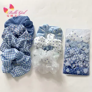 BELLEWORLD CUSTOM PVC gift box packaging new trendy women hair band 7 pcs blue polka dot flowers satin hair scrunchies bulk set