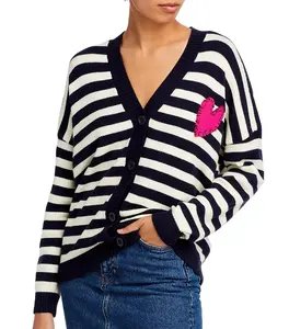 Heart Patch Stripe Cardigan Fashionable Cardigan For Women