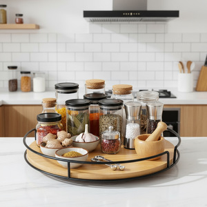 Estante giratorio de bambú y hierro, organizador de especias para cocina Lazy Susan, de una sola capa, multifunción - Product Image 4