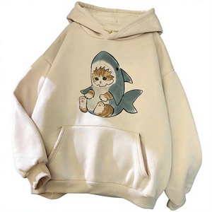 Sudadera con Capucha Beige para Mujer con Estampado de Gato, Bolsillo Frontal, Tejida, Manga Larga, Estilo Casual de Otoño, Talla Grande - Product Image 5