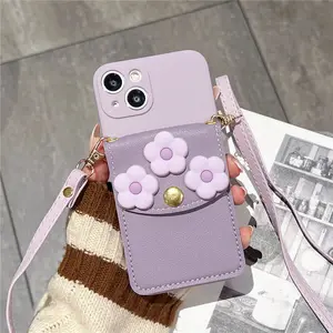 cute purple flower card bag Case For Iphone 11 12 13 14 15 Pro Max 7 8 Plus Leather Strap Back Cover For Iphone Xr Xs max case