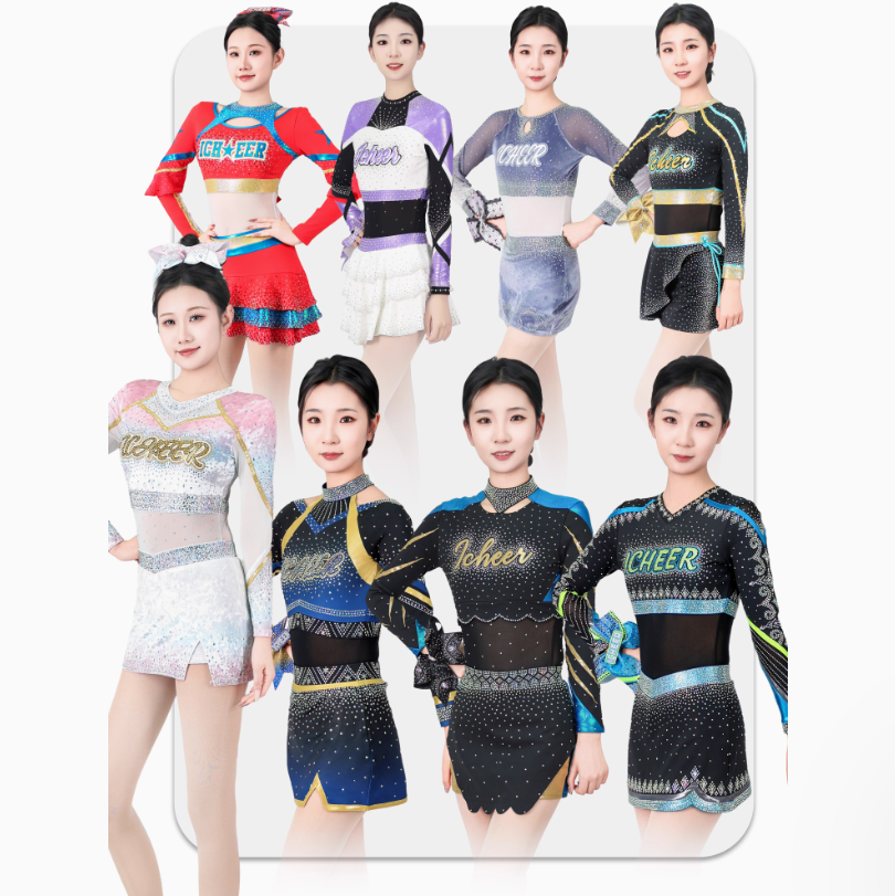 Stock Youth Cheer Uniforms Kit with Rhinestones Spandex Youth Cheerleading  Uniforms Green/Pink/Orange/Red Cheerleader Uniform