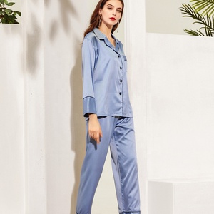 Ensemble de pyjama en satin Fung 6001 pour l'hiver, taille plus, avec haut à manches longues et pantalon long à la cheville, taille élastique, uni - Assorti - Product Image 2