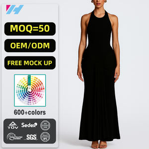 Özel toptan moda zarif Halter Backless bayanlar kadınlar siyah bel dantelli Maxi elbise - Product Image 1