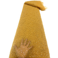 Tissu africain en dentelle pour fête, broderie de perles dorées, maille brillante 100% polyester extensible pour robe de mariée