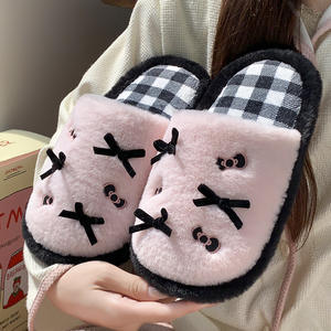 <b>Fluffy</b> Bow-Knot Open <b>Slippers</b> for Women <b>Pink</b> Color Blocking Lined Warm Indoor Home Wear Autumn Winter Non Slip EVA Upper Soft - Product Image 3