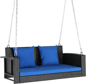 Rattan Wicker Hanging Porch double loveseat Swing with Cushions & Chains 4FT Outdoor Rattan Swing Bench for Garden Yard Lawn