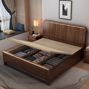 Chinese Style <b>Walnut</b> Solid Wood Bed 1.5M Storage Double Bed For Bedroom With <b>Drawers</b> - Product Image 1