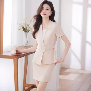 Women's Professional Summer Short Sleeve Suit Skirt Set Elegant Breathable Polyester Workwear For Hotel Receptionists Jewelry - Product Image 3