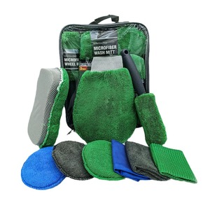 Microfiber Car Cleaning Kit 9-Piece Green Set <b>Scratch</b>-Free Wash Mitt Cloths Sponge Applicator <b>Pads</b> Wheel Brush - Product Image 4