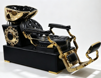 Chaise de lavage de cheveux inclinable de luxe rétro noir et or, très vendue, pour salon de coiffure, avec bac en céramique