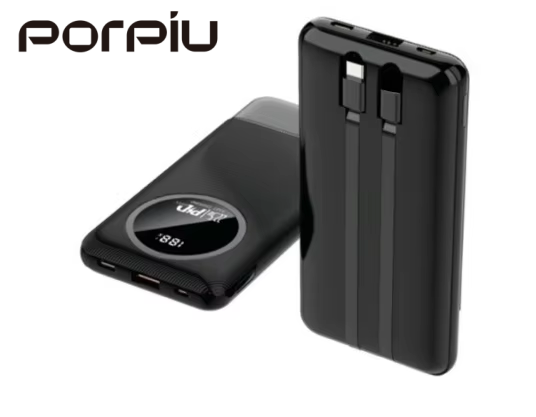 PORPIU the Brand-new Power Bank in 2025 Customizable Logos 10000 Mah Power Bank PD 22.5W Fast Charging Built-in Dual-wire Cable