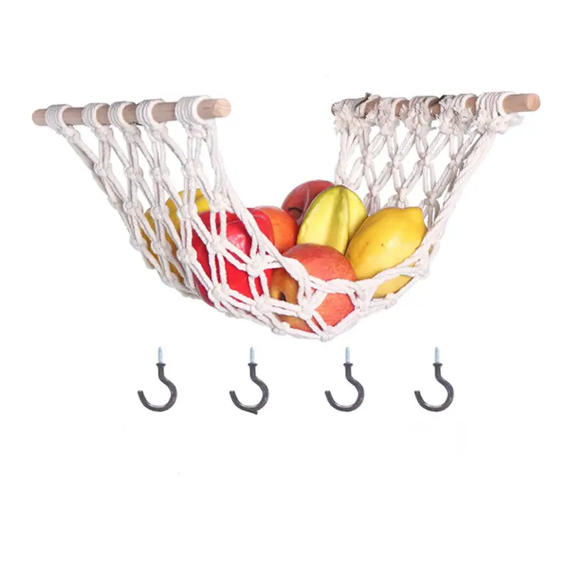 Custom High Quality Fruit Hammock With Metal Hooks Hanging From Kitchen Basket