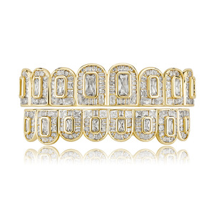 Nuovo Arrivo Set Grills per Denti Hip Hop Placcato Oro 18K con Zirconi Quadrati a Scala Effetto Diamante, Grills Superiore e Inferiore Stile <span class=keywords><strong>Rap</strong></span> - Product Image 1