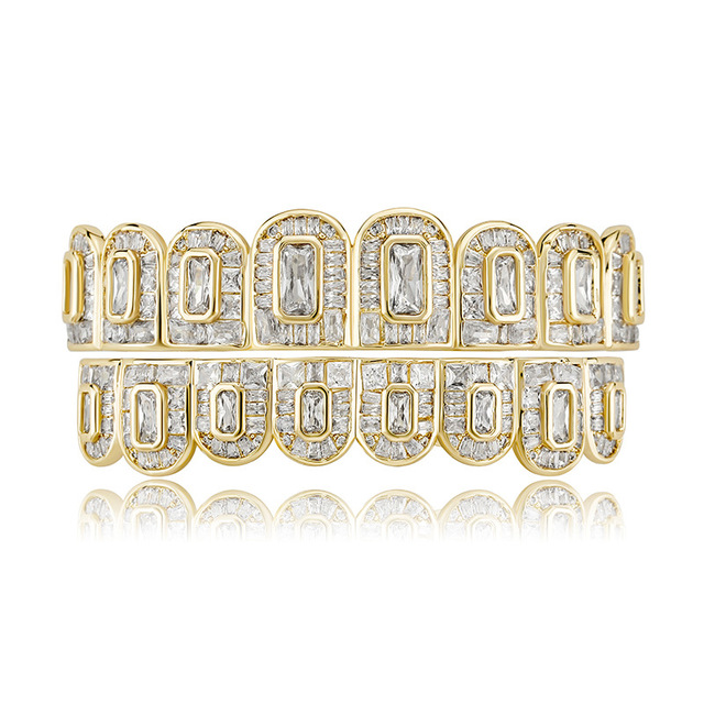 New Arrived Men's Hip Hop 18K Gold Plated Iced Out Ladder Square Diamond Zircon Teeth Grilz Set Rap Top & Bottom Grills