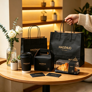 One-stop Luxury Bakery Packaging Solution Gold Foil Logo Premium Black Kraft Custom Handle Paper <b>Bag</b> for Coffee Cake Dessert Set - Product Image 2