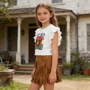 Conjunto de Ropa de Verano para Niñas de 2 Piezas, Top Corto con Mangas Abullonadas y Estampado Gráfico 'Just a Little Moody', Falda de Gamuza Marrón con Flecos - Product Image 2