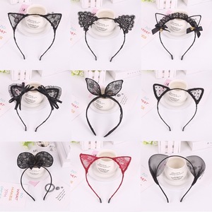 Lace Cat Ear Headband Black Red Mesh Bunny Ears Hair Accessory For Women Girls Party Costume Makeup Use - Product Image 1