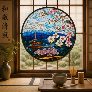 <span class=keywords><strong>YUMAN</strong></span> Handgefertigte Japanische Sakura Mount Fuji Pagoden-Themen Buntglas-Hängedekoration 30CM Anpassbares Design - Product Image 1