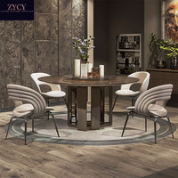 Ensemble de table à manger ronde en verre de luxe avec dessus rotatif en marbre-Chaises rembourrées en cuir en acier inoxydable pour la maison ou le restaurant