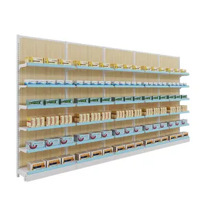 Wooden wall shelf with 6 shelves wire rack for mini market groceries products