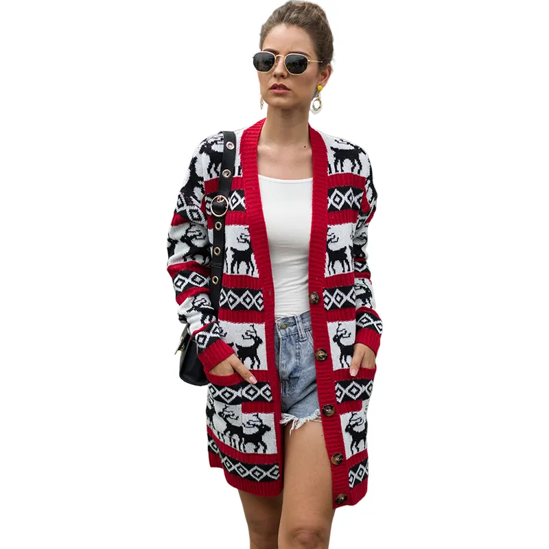 OEM Factory Mix Color Matching Ladies Red Coat Winter Knitted Women Christmas Cardigan Sweater
