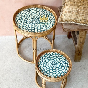 Wholesale Handwoven Rattan <b>Bedside</b> <b>Table</b> Set Modern Mother of Pearl Inlaid <b>Round</b> Coffee <b>Table</b> for Hotel and Home - Product Image 3