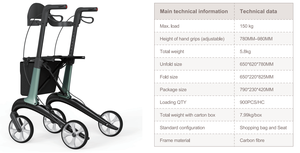 Déambulateur pliable léger Dorrella avec siège et panier - Option en fibre de carbone disponible, certifié CE, hauteur réglable - Product Image 5