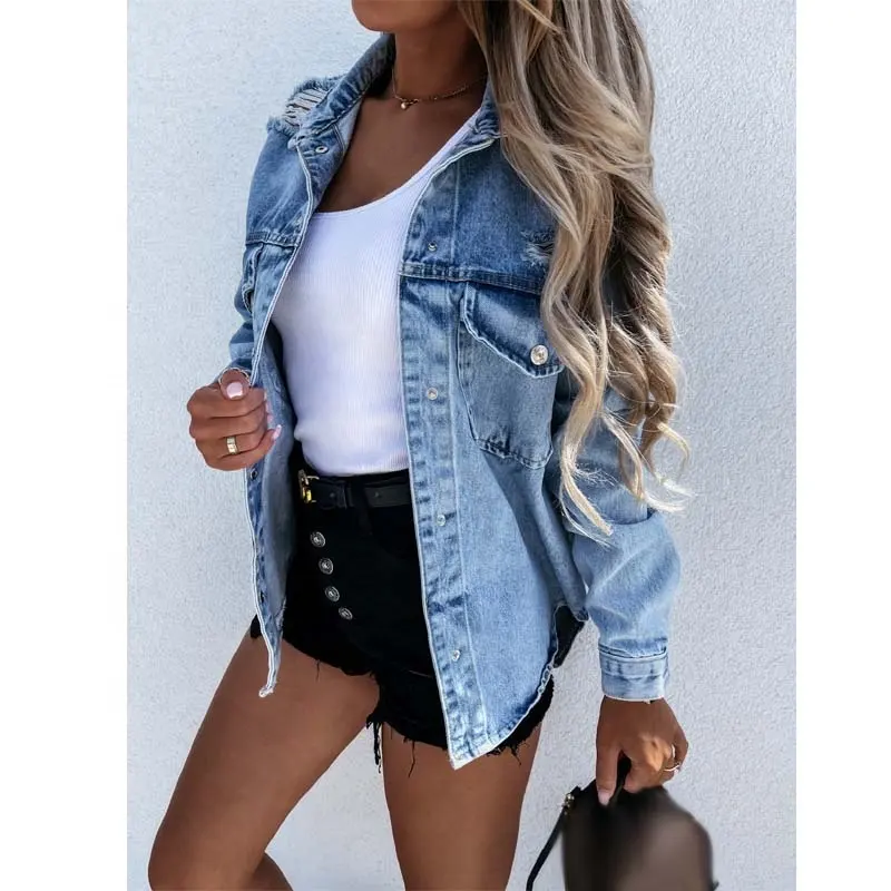 Chemise en jean personnalisée à la mode pour femmes chemises en jean délavé à trous déchirés pour dames Blouses en jean