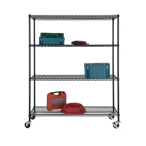 AMJ Black Industry Powder Coated 4 Tier Metal Wire Mesh Shelving Stand Display Rack With Wheels