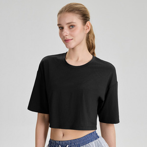 Camisetas Cortas de Yoga para Mujer, 50% Modal, 42% Algodón, 8% Elastano, Hombros Caídos, Cuello Redondo, Estilo Holgado, Color Sólido, Básicas - Product Image 4