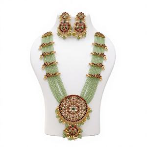 Conjunto de Collar Largo y Aretes de Perlas Verdes Antiguas de Alta Calidad, Chapado en Oro, con Pedrería Kundan, para Novia India, Boda, Compromiso - Product Image 1
