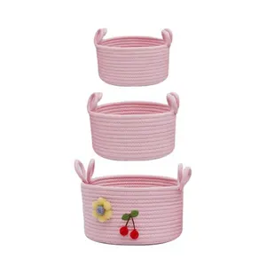 Handmade Fold Able Storage Baskets Cotton Rope Basket With Handles Woven Baby Kids Toy Gift Laundry Cotton Rope Storage Basket